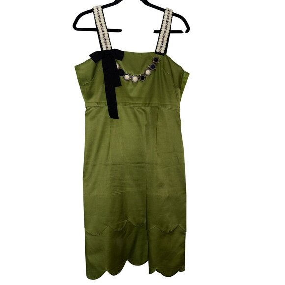 Lela Rose Green Silk Sleeveless Dress W/Decorative Straps Scalloped Hem Size 10 - Picture 1 of 10